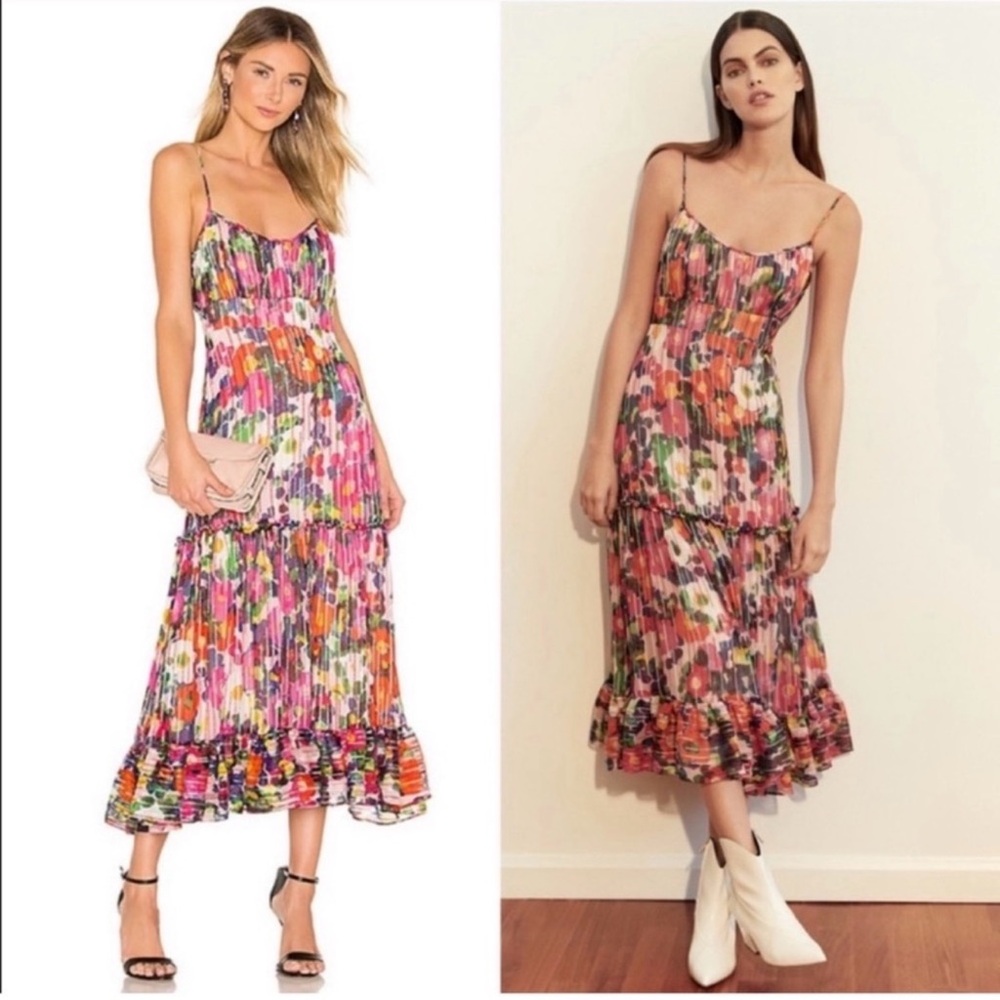 SALONI Colorful Pleated Floral Midi Dress